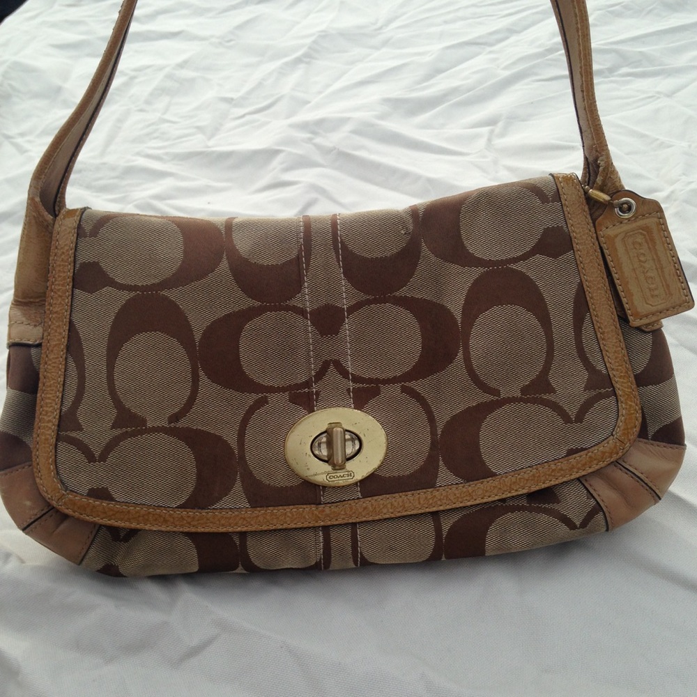 Coach Signature Khaki/Mustard Yellow Trim Hobo Bag